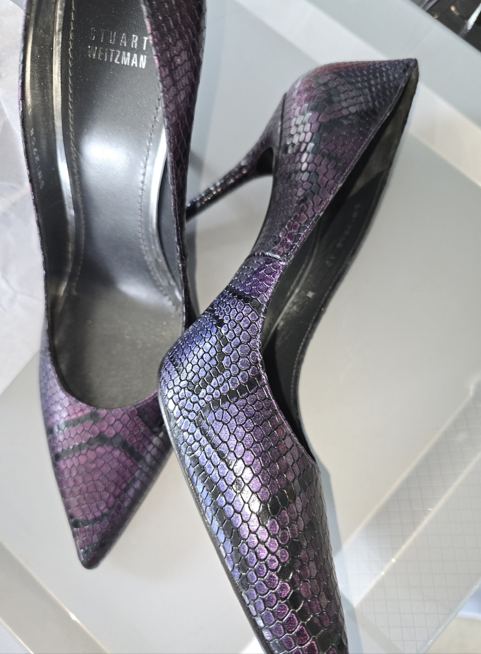 Stuart Weitzman Purple Snake-Print Pointed Toe Pumps